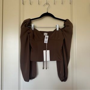 Aritzia Wilfred Novella Walnut Brown Off-Shoulder Blouse 2XS XXS